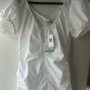 Ganni White Ruched Poplin Mini Dress